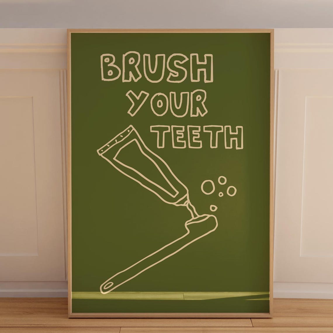 Brush Your Teeth Olive Green Chalkboard Bathroom Sign Wall Poster