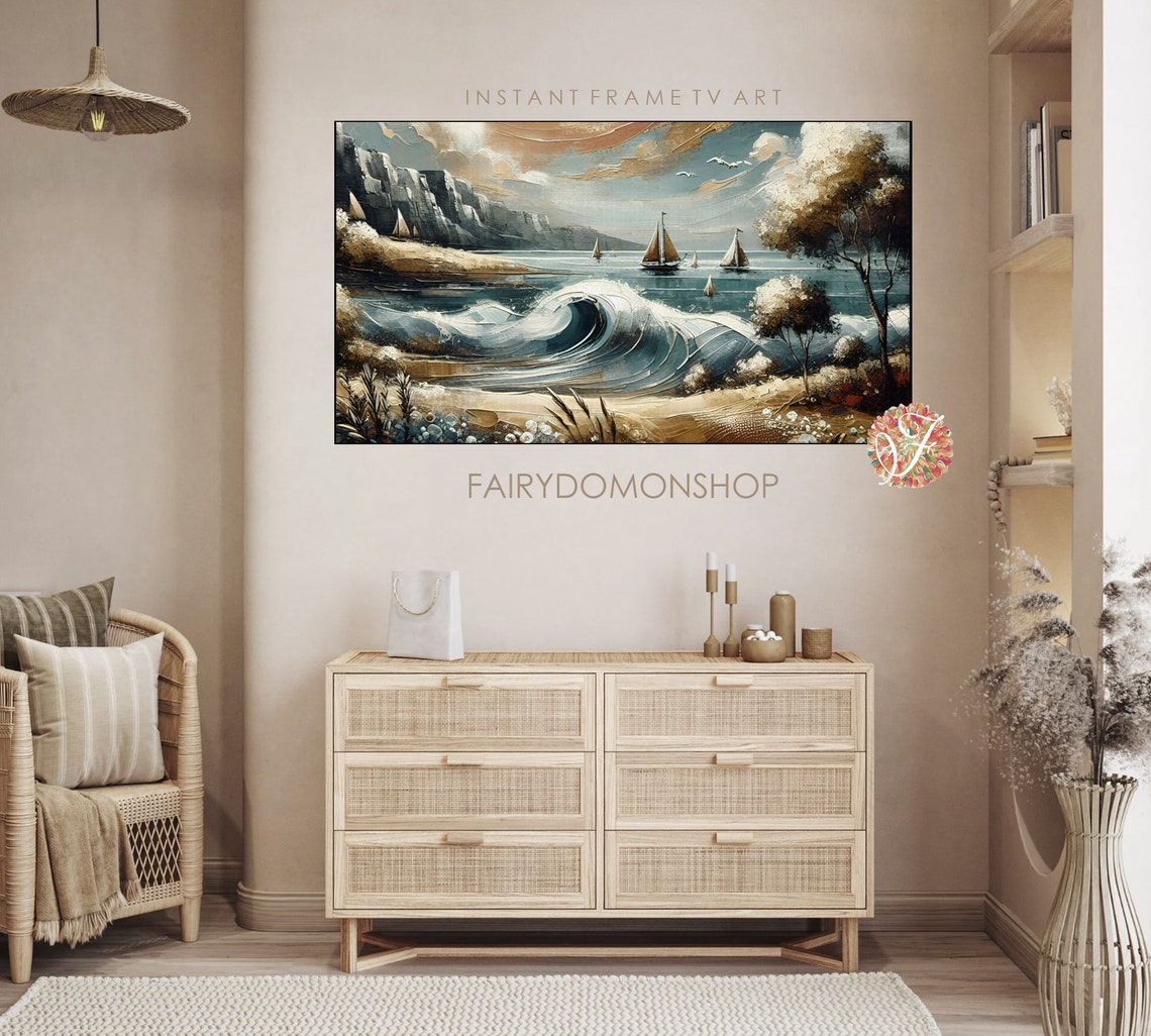 Sailboats Ocean Waves Coastal Cliffs Seascape Oil Painting Poster - Image 3
