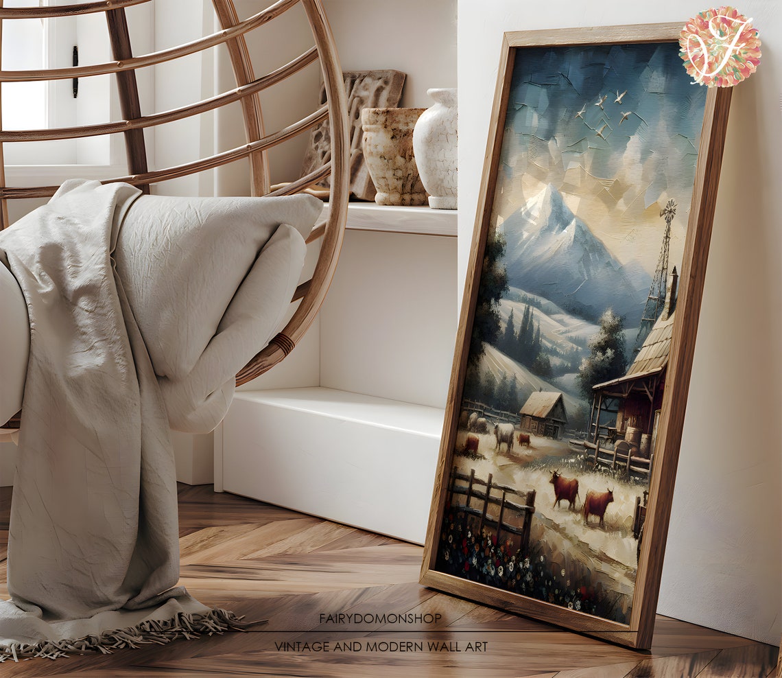 Mountain Farm Scene Windmill Cattle Rustic Landscape Painting Poster - Image 3