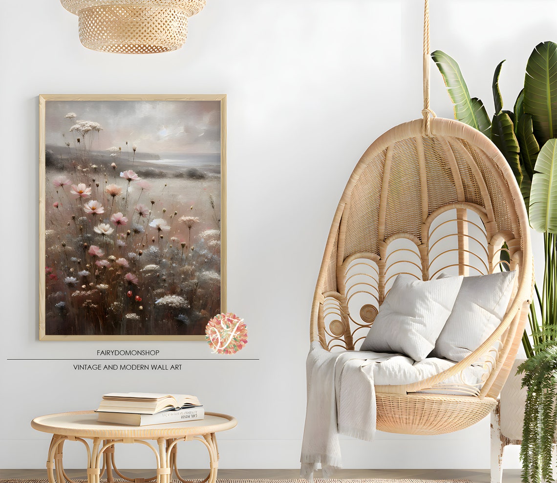 Pink White Wildflowers Misty Meadow Field Oil Painting Poster - Image 2