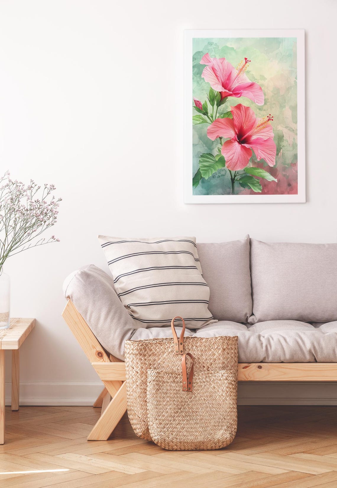 Pink Hibiscus Blossoms Watercolor Tropical Floral Garden Poster - Image 3