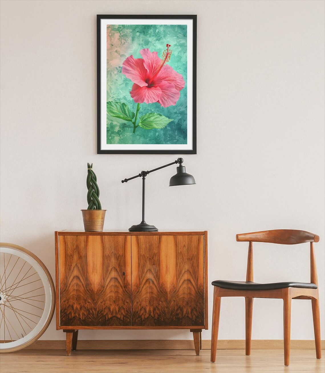 Pink Hibiscus Flower Watercolor On Teal Background Floral Poster - Image 4