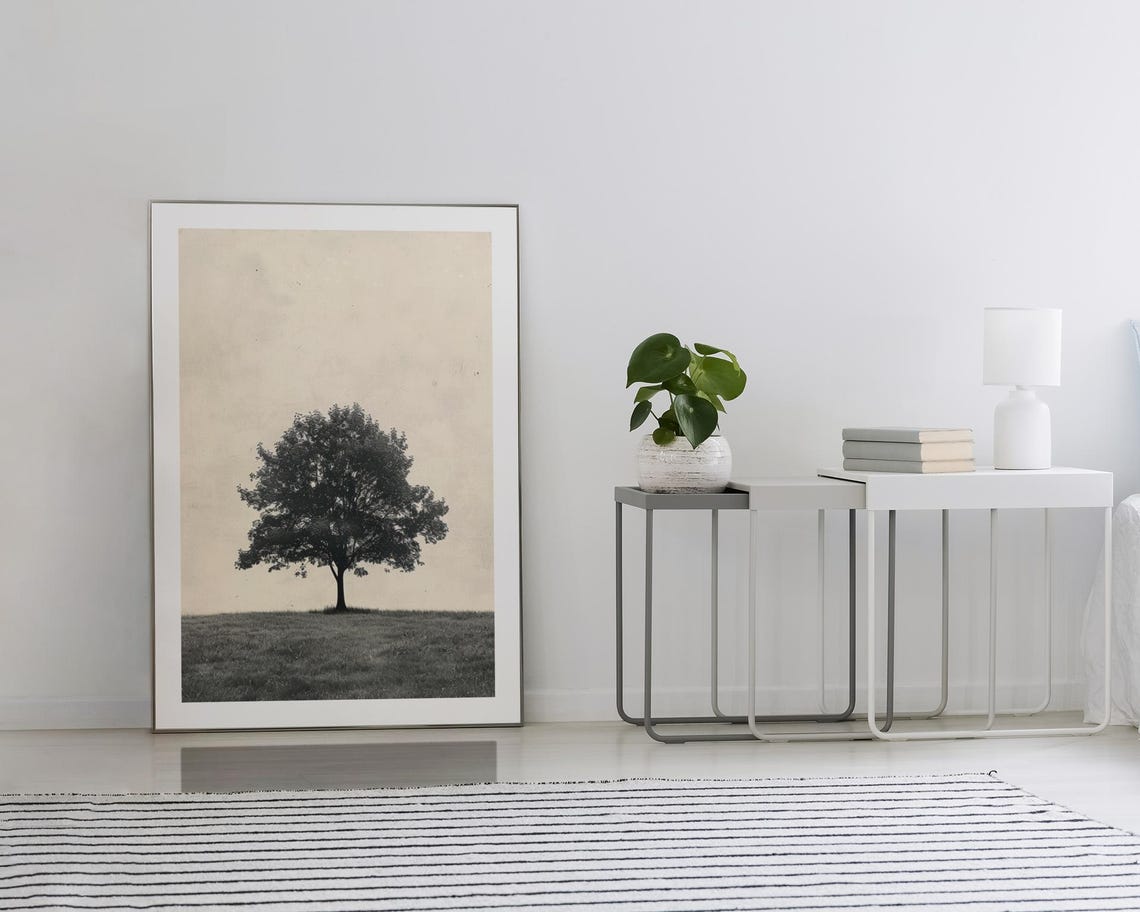 Tree Wall Art Print Solitary Tree Poster Minimalist Nature Decor Serene Landscape Art Field View Print - Image 2