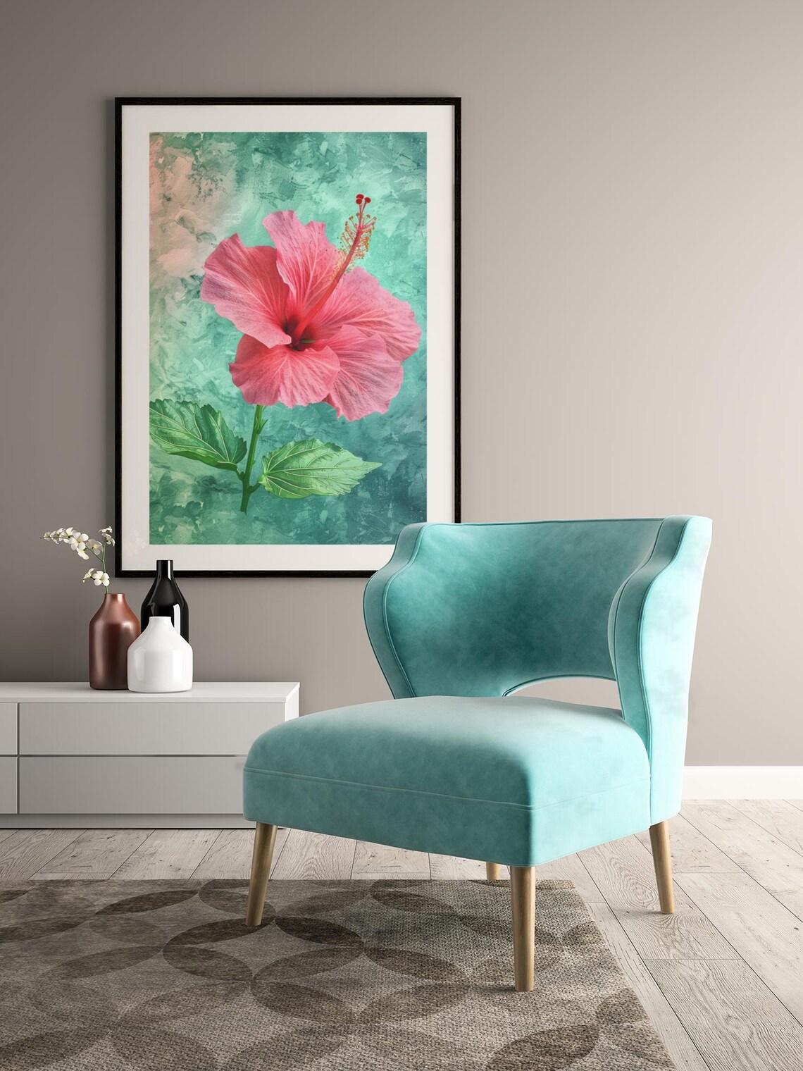 Pink Hibiscus Flower Watercolor On Teal Background Floral Poster - Image 2