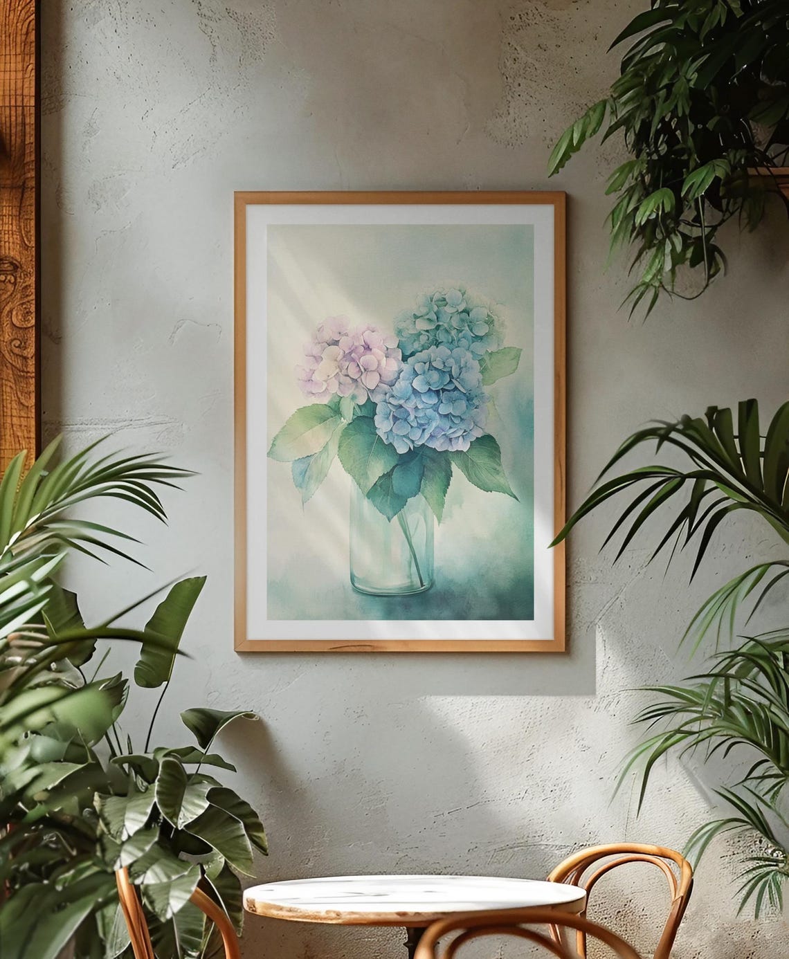Pink and Blue Hydrangea Bouquet in Glass Vase Watercolor Poster