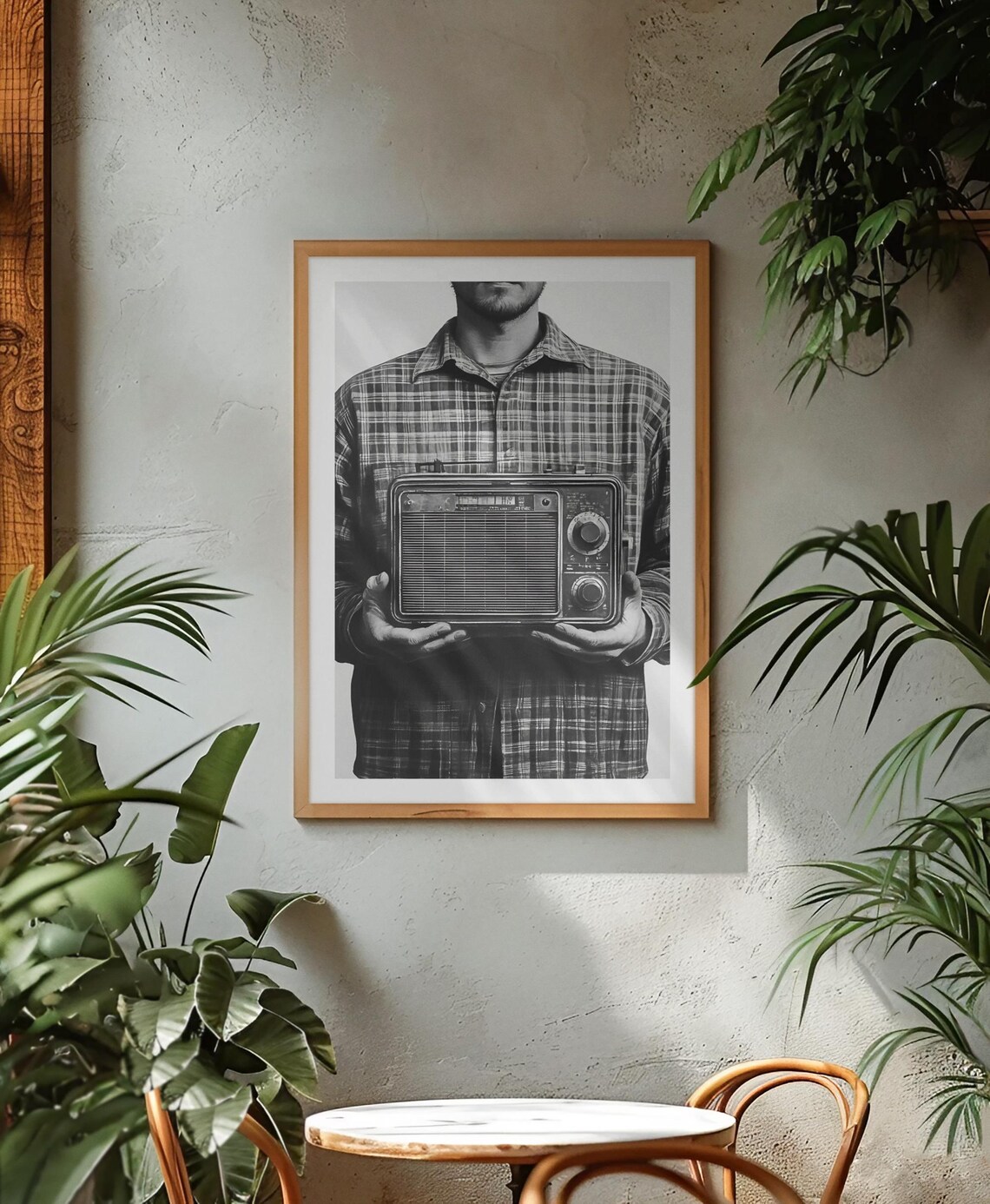Black And White Man Holding Vintage Radio Nostalgic Photo Poster - Image 3