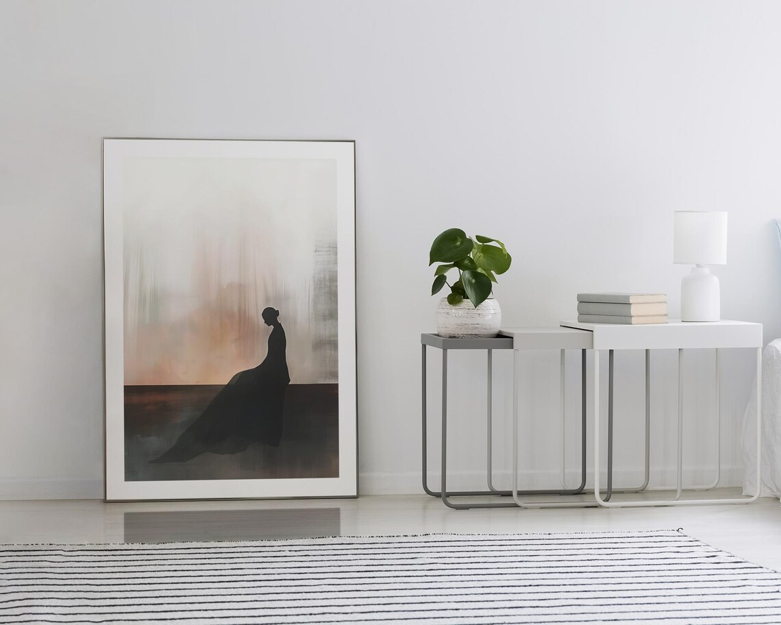 Seated Woman Silhouette In Misty Peach Tones Contemplative Art Poster