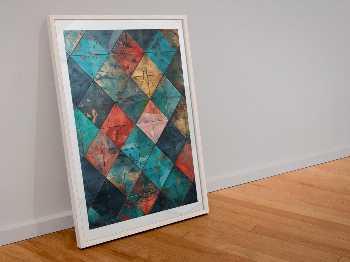 Abstract Geometric Wall Art Print Mosaic Pattern Poster Modern Home Decor Teal Red Gold Art Minimalist Decor Print