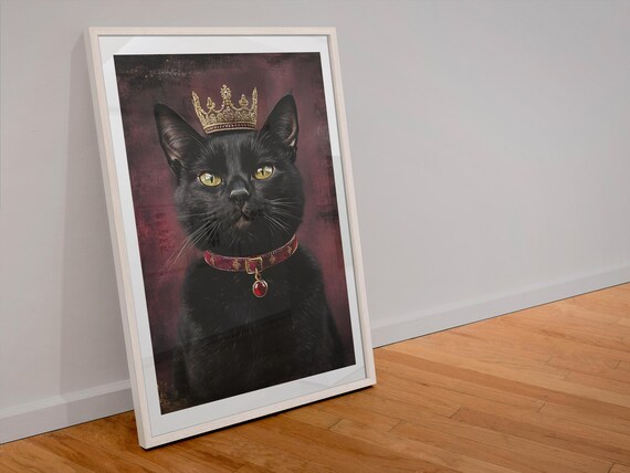Crowned Black Cat Royal Portrait Gothic Elegance Pet Art Poster