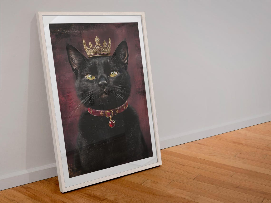 Crowned Black Cat Royal Portrait Gothic Elegance Pet Art Poster