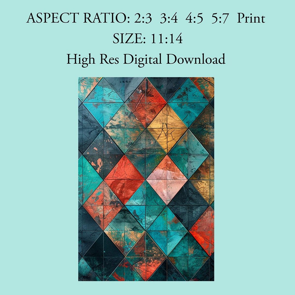 Abstract Geometric Wall Art Print Mosaic Pattern Poster Modern Home Decor Teal Red Gold Art Minimalist Decor Print - Image 4