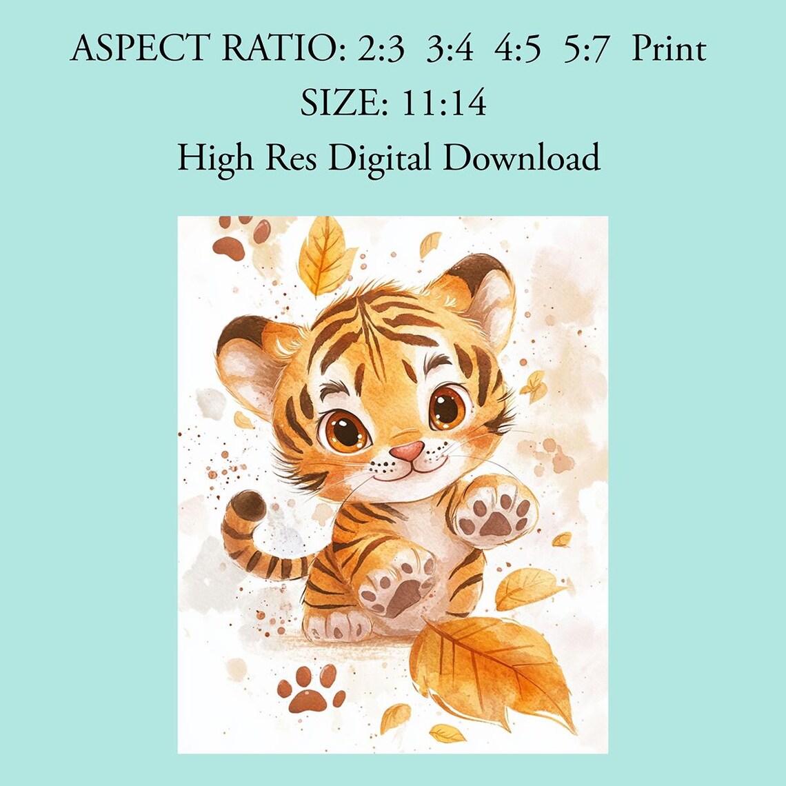 Playful Tiger Cub With Autumn Leaves Fall Nursery Decor Poster - Image 2