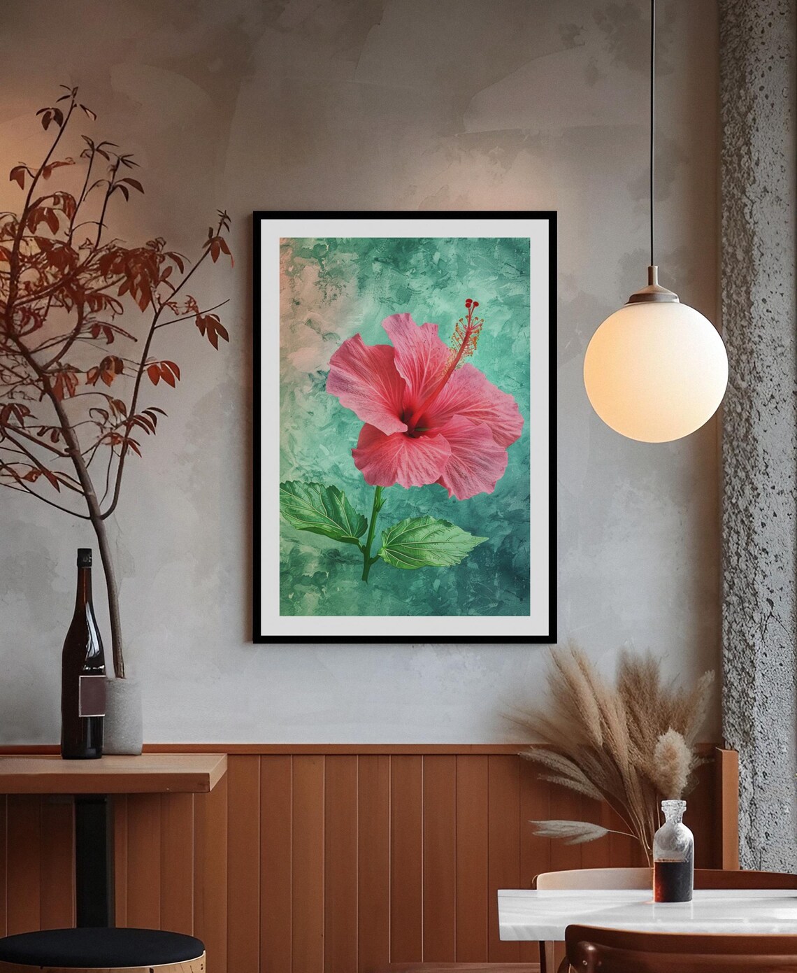 Pink Hibiscus Flower Watercolor On Teal Background Floral Poster