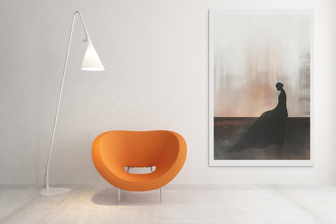 Seated Woman Silhouette In Misty Peach Tones Contemplative Art Poster - Image 2
