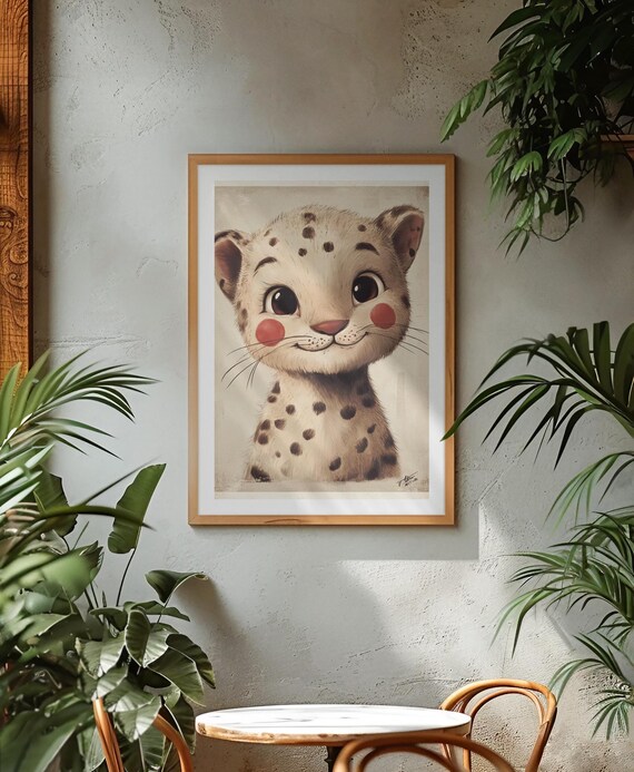 Cute Baby Leopard Cub Smiling Nursery Animal Illustration Poster