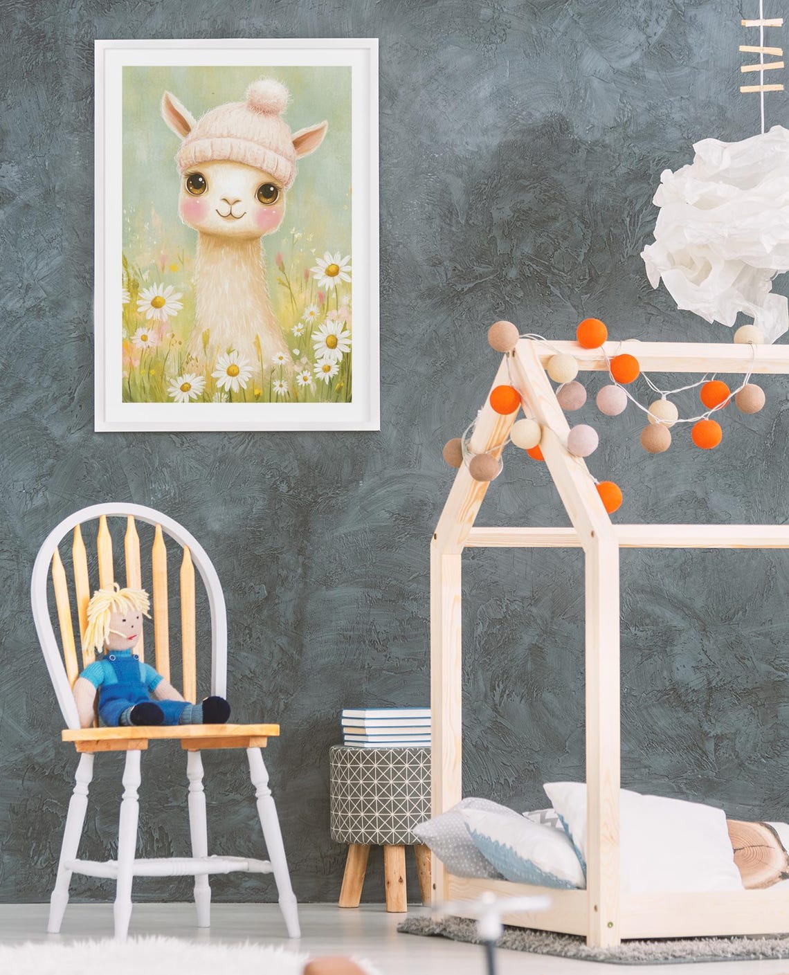 Cute Llama In Pink Knit Hat Among Daisies Nursery Decor Poster - Image 3
