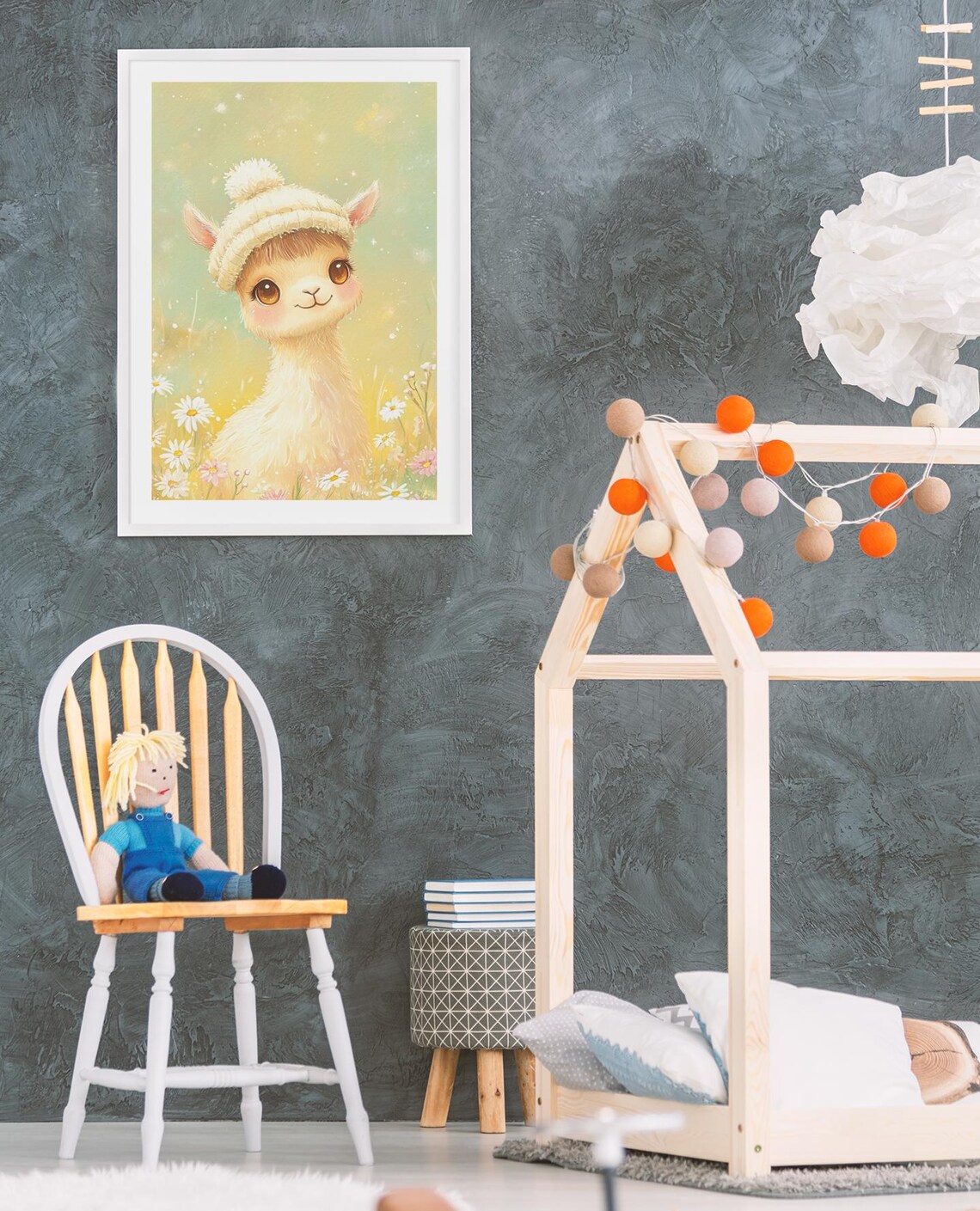 Adorable Llama In Knit Hat In Wildflower Meadow Nursery Poster - Image 3
