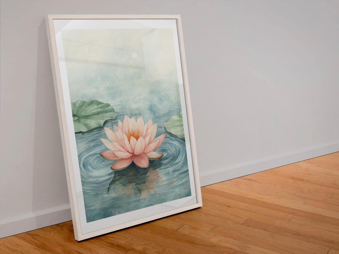Pink Water Lily Floating on Blue Pond Watercolor Floral Poster