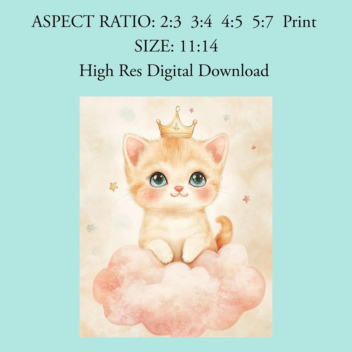 Cute Kitten With Golden Crown On Pink Cloud Nursery Room Poster - Image 4