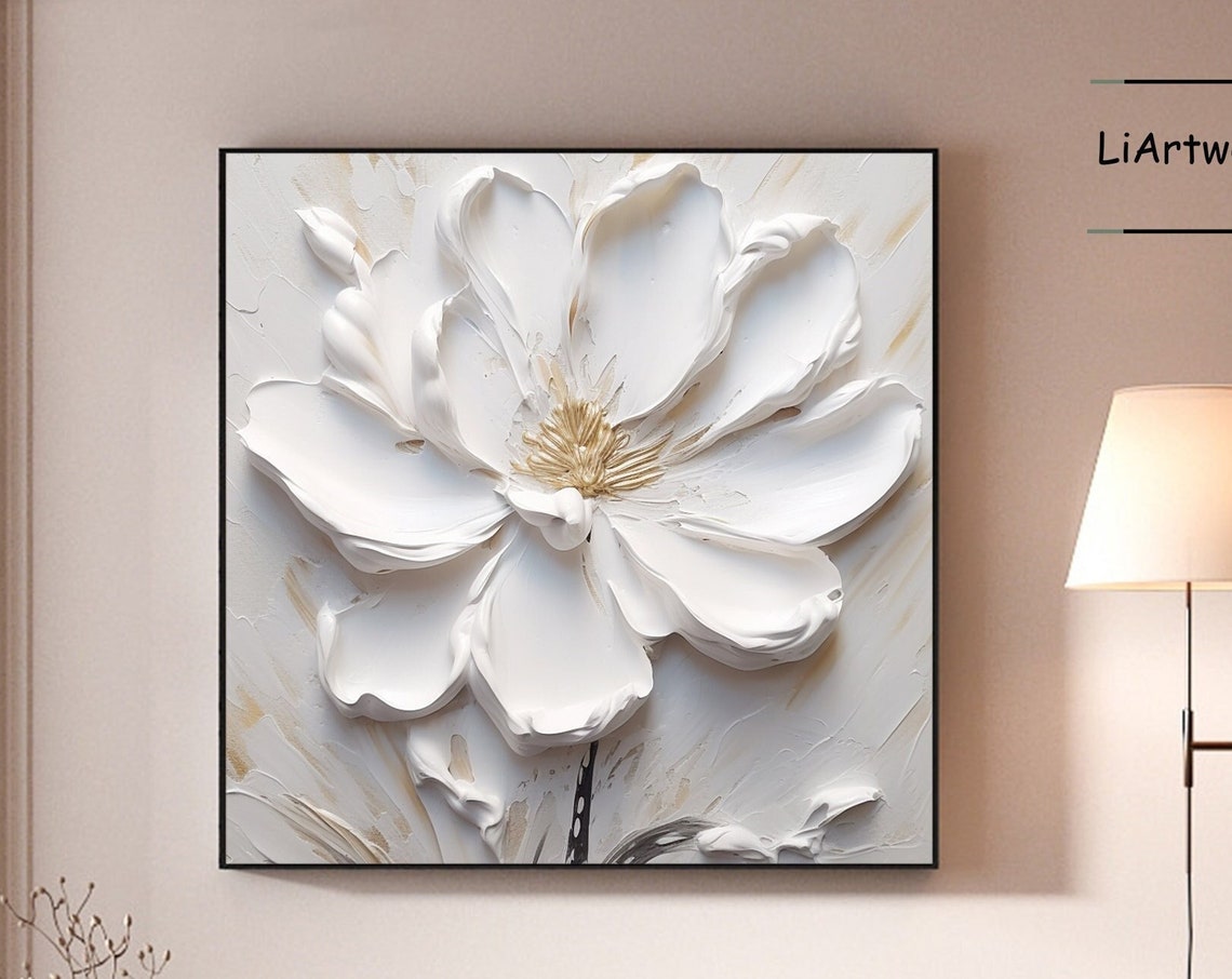 White Flower Gold Center 3D Textured Diagonal Paint Art Poster