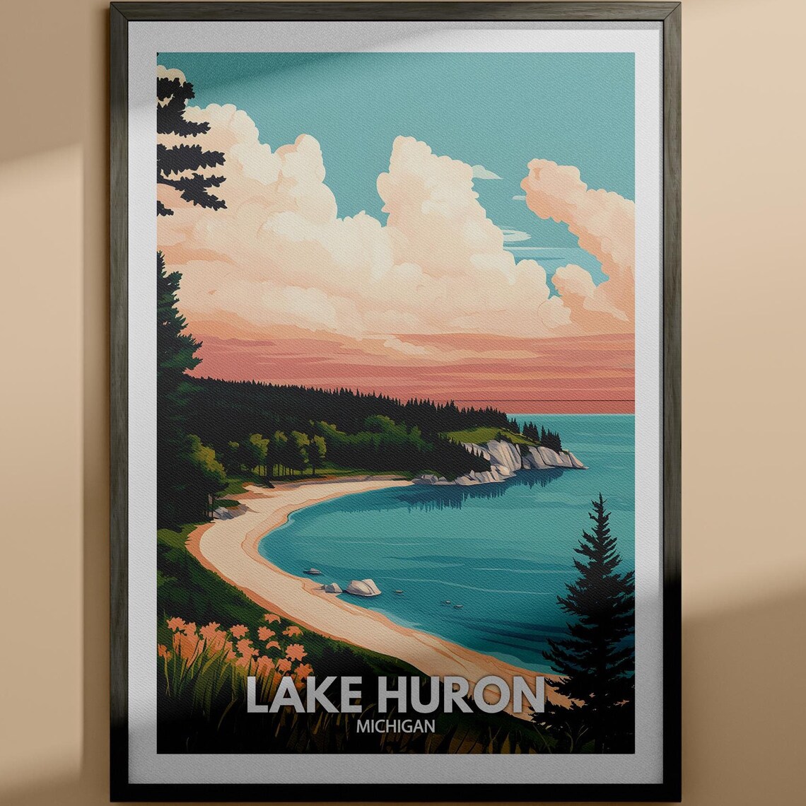 Lake Huron Michigan Sunset Beach Pine Shoreline Retro Travel Poster