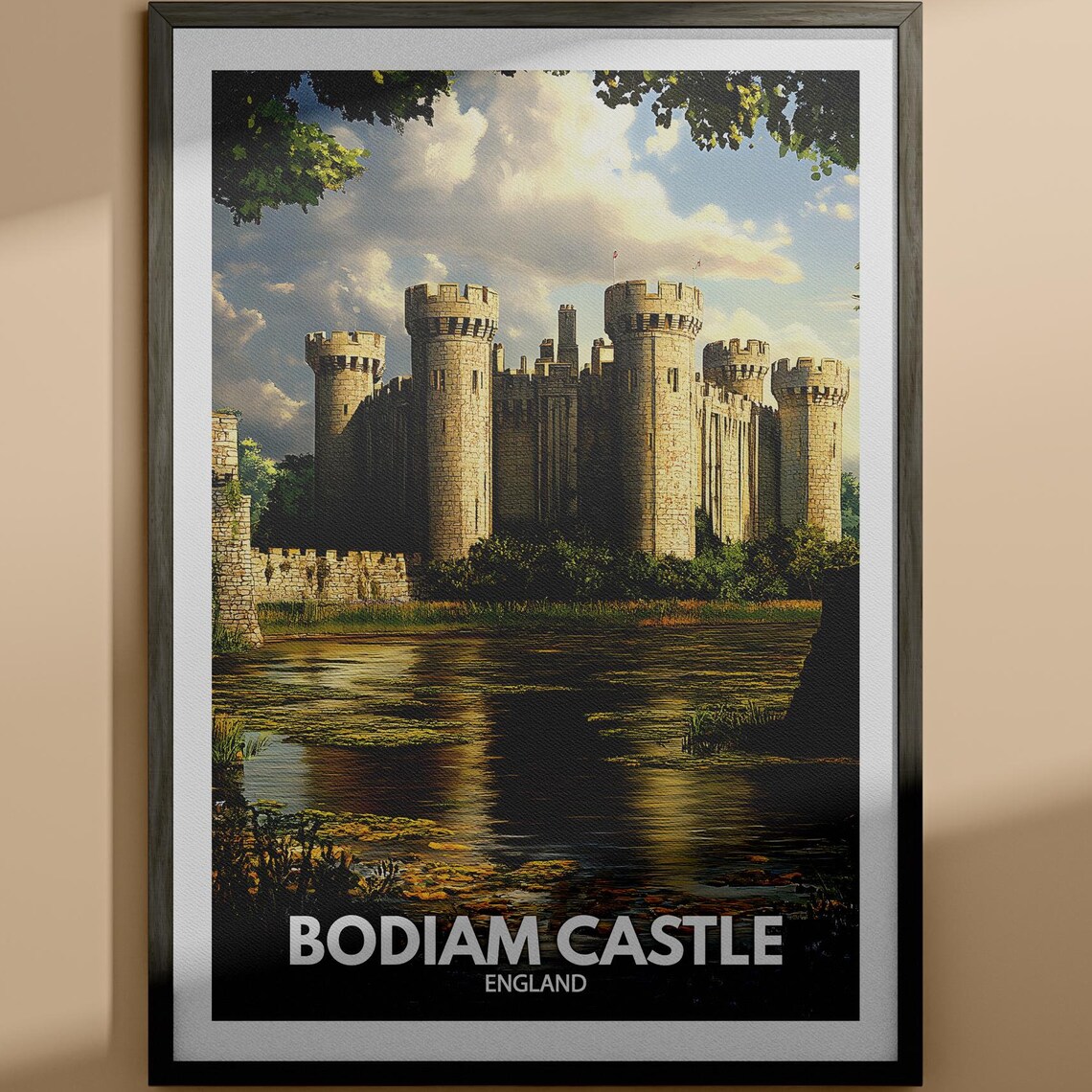 Bodiam Castle England Moat Towers Sunset Reflection Vintage Travel Poster
