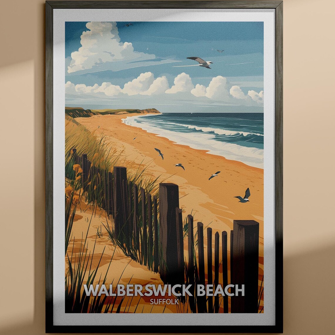Walberswick Beach Suffolk Golden Sand Dunes Seagulls Travel Poster