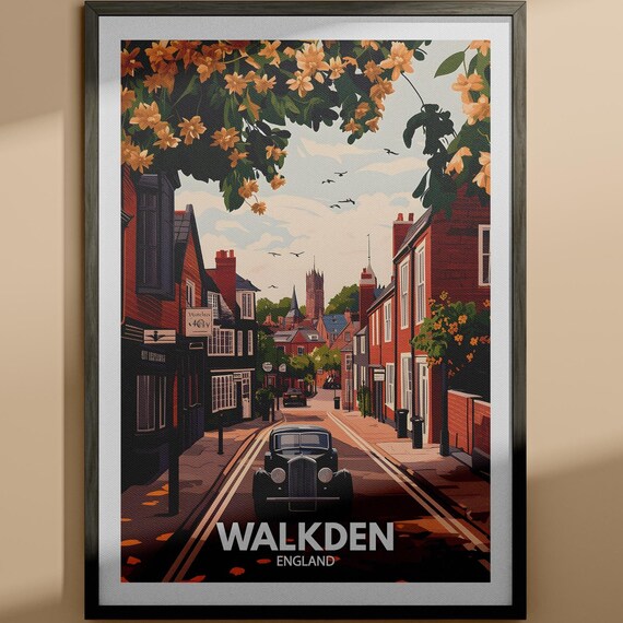 Walkden England Town Red Brick Street Classic Car Travel Poster