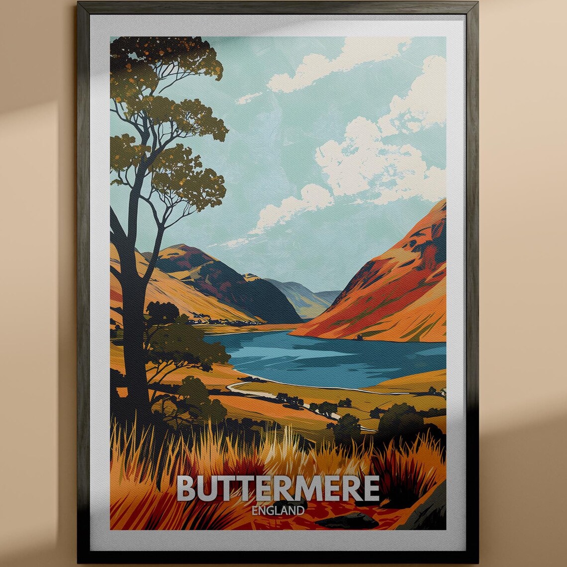 Buttermere England Golden Hills Lake Sunset Retro Travel Poster