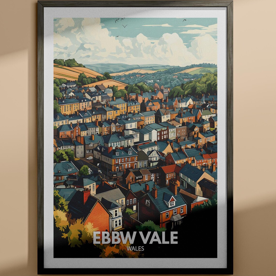 Ebbw Vale Wales Hillside Town Roofs Scenic Vintage Style Travel Poster