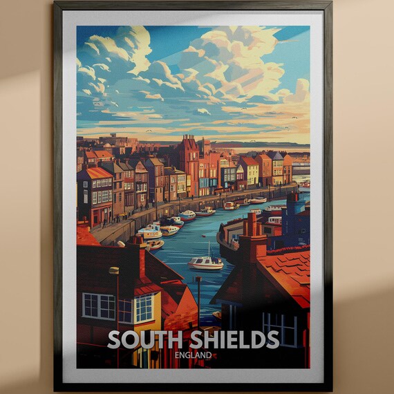 South Shields England Harbour Town Sunset Boats Travel Poster
