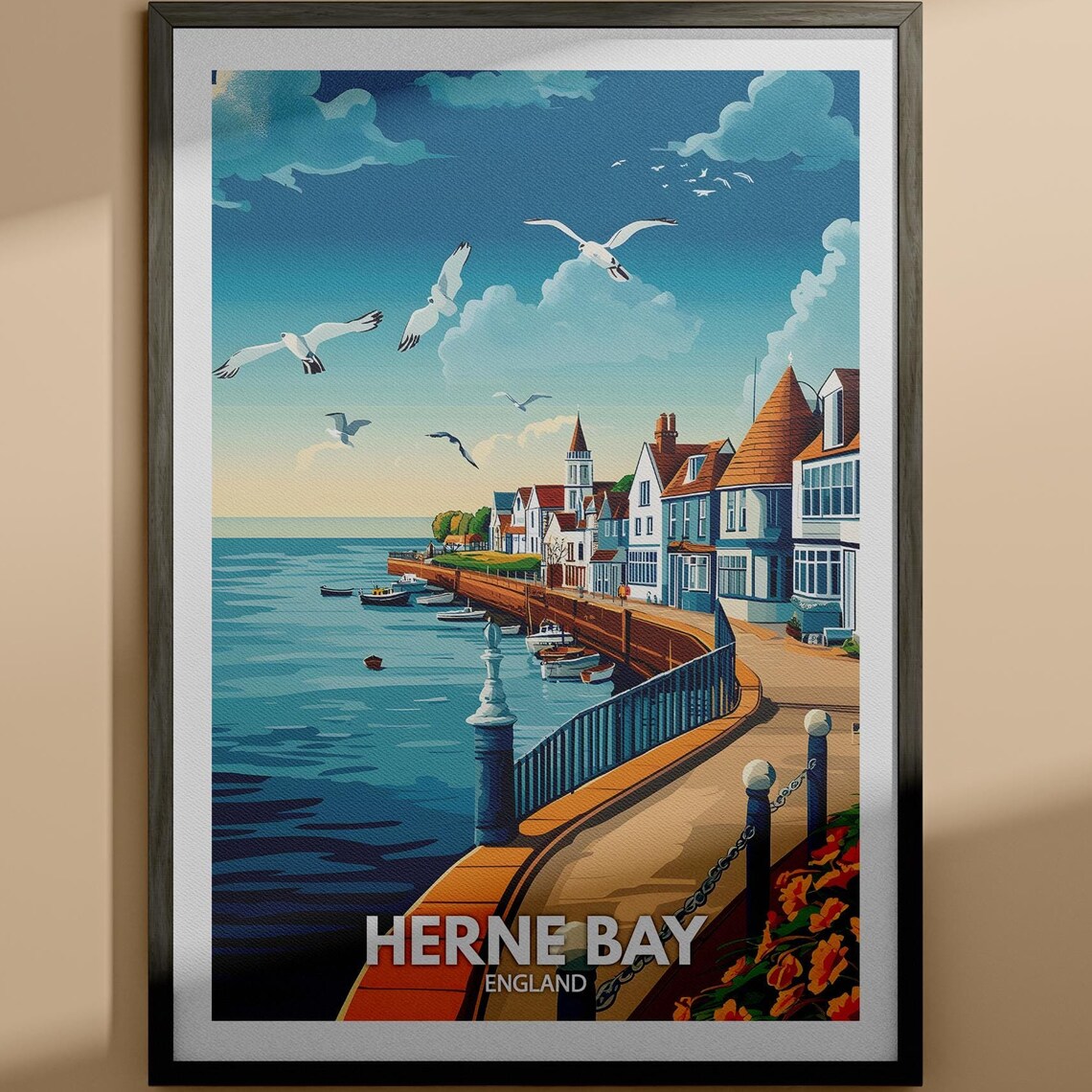 Herne Bay England Waterfront Promenade Boats Seagulls Travel Poster