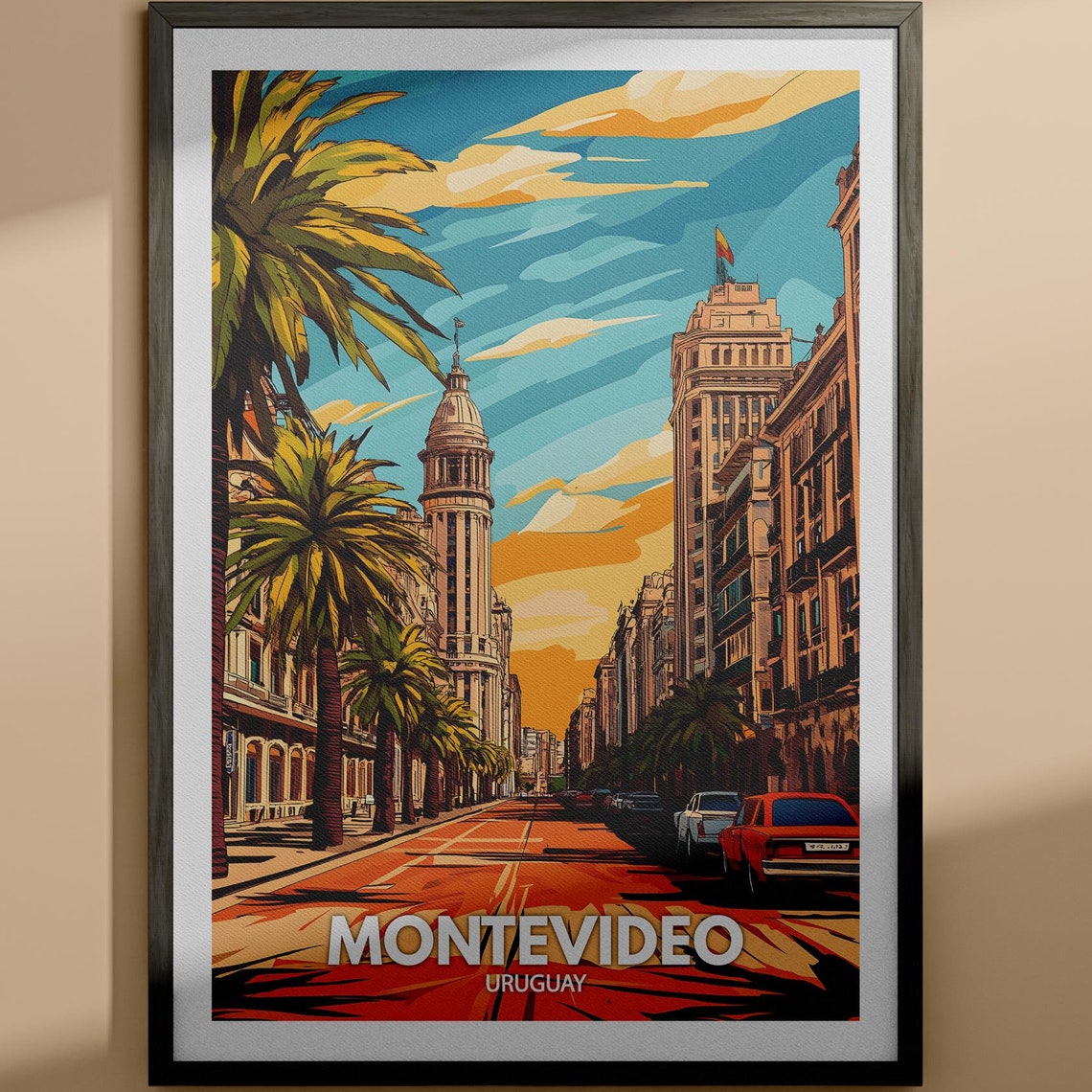 Montevideo Uruguay Travel Poster Palm Avenue Sunset Boulevard View
