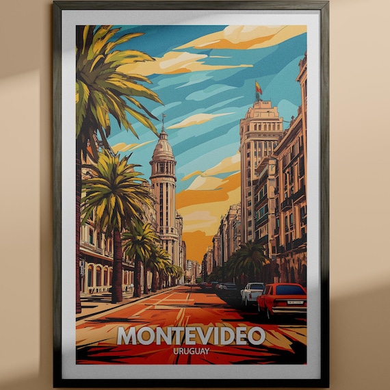 Montevideo Uruguay Travel Poster Palm Avenue Sunset Boulevard View
