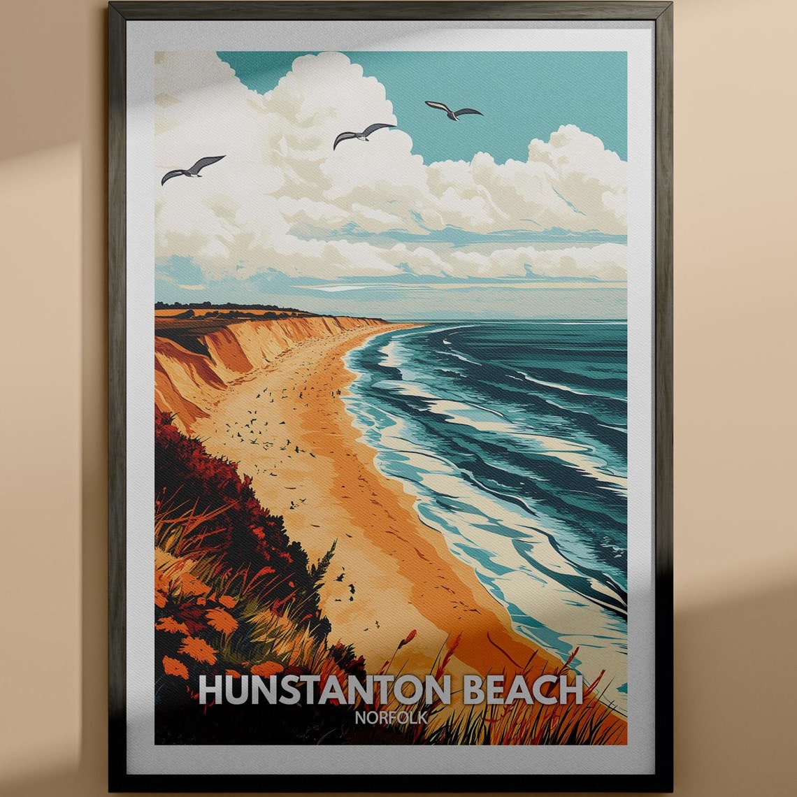 Hunstanton Beach Norfolk Sandy Shore Cliffs Seagulls Vintage Poster