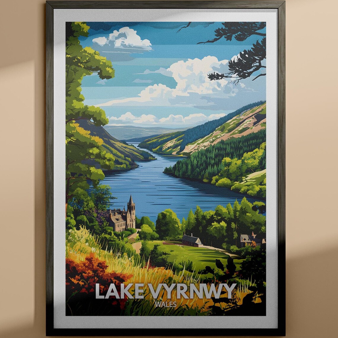 Lake Vyrnwy Wales Church Tower Green Valley Retro Travel Poster