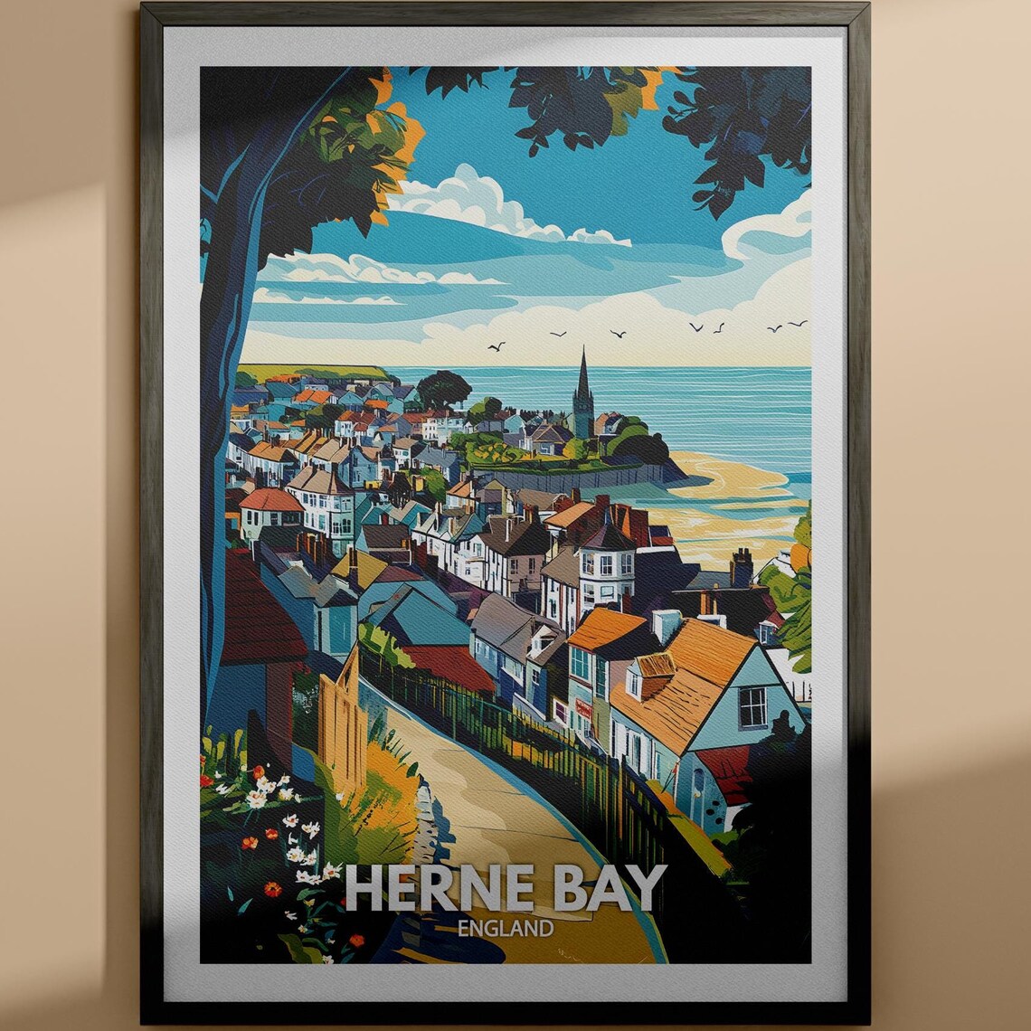 Herne Bay England Seaside Town Beach Hillside Vintage Travel Poster