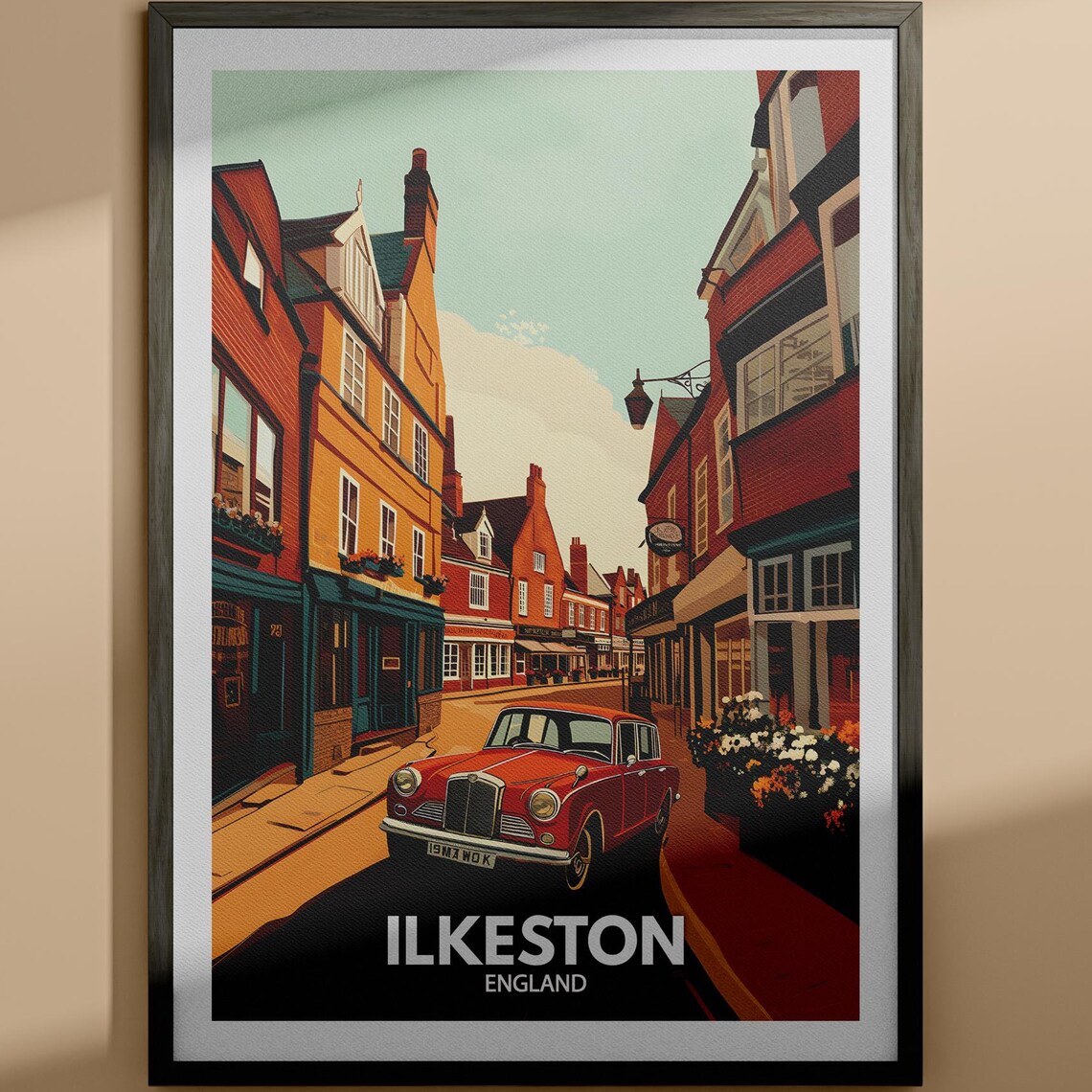 Ilkeston England Retro Street Classic Red Car City Travel Poster