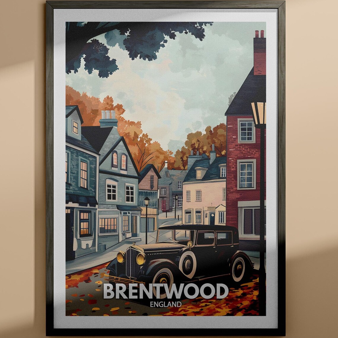 Brentwood England Illustrated Town Travel Poster Autumn Vintage Scene