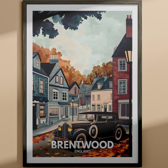 Brentwood England Illustrated Town Travel Poster Autumn Vintage Scene