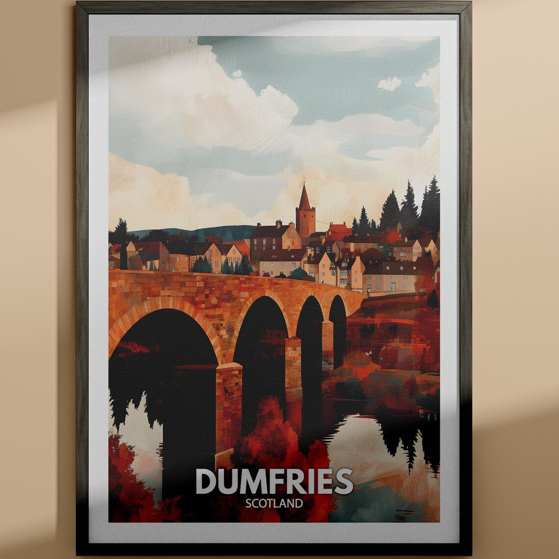Dumfries Scotland Historic Stone Bridge Riverside Town Travel Poster