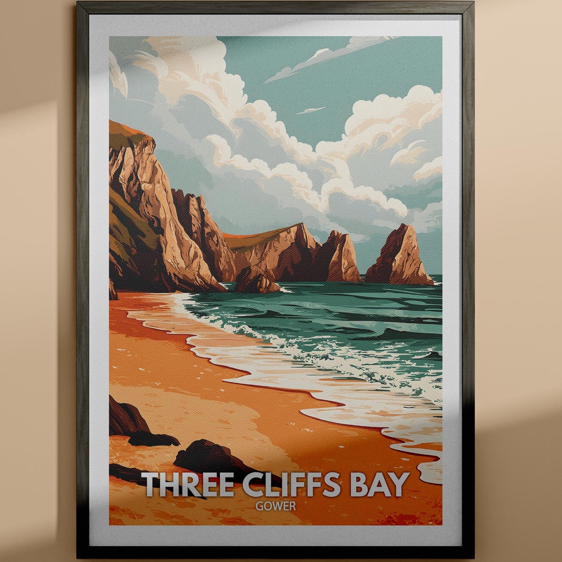 Three Cliffs Bay Gower Limestone Cliffs Orange Sand Beach Poster