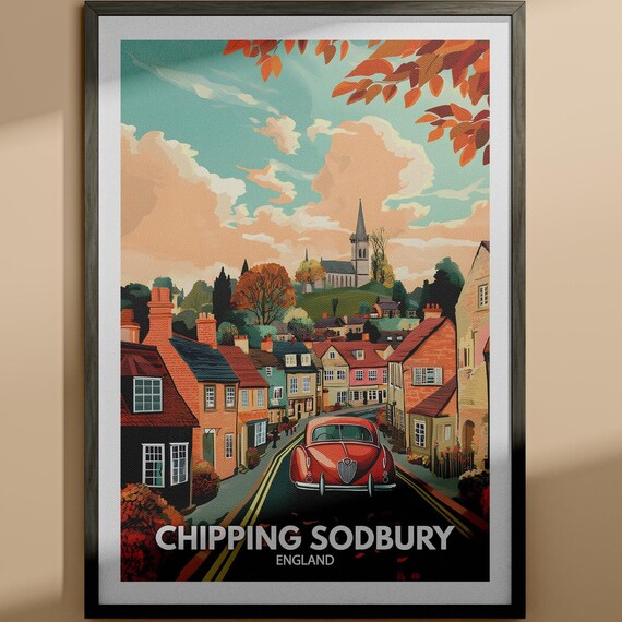 Chipping Sodbury England Vintage Car Church Street Scenic Travel Poster