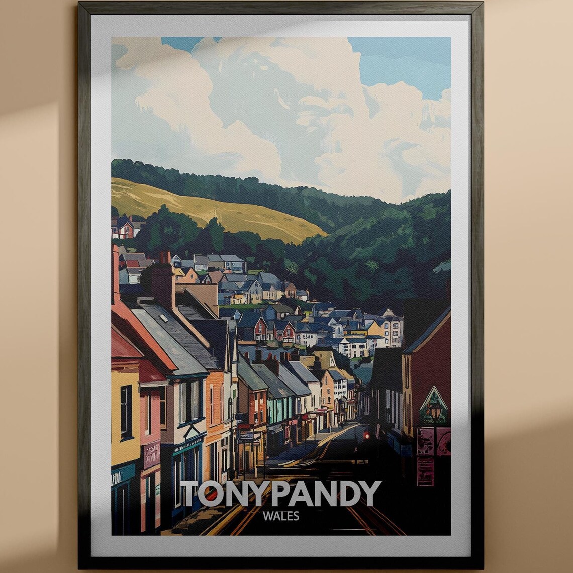 Tonypandy Wales Illustrated Town Travel Poster Valley Street Scene