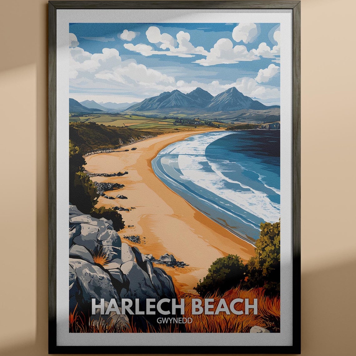 Harlech Beach Gwynedd Mountain Backdrop Golden Sand Vintage Poster