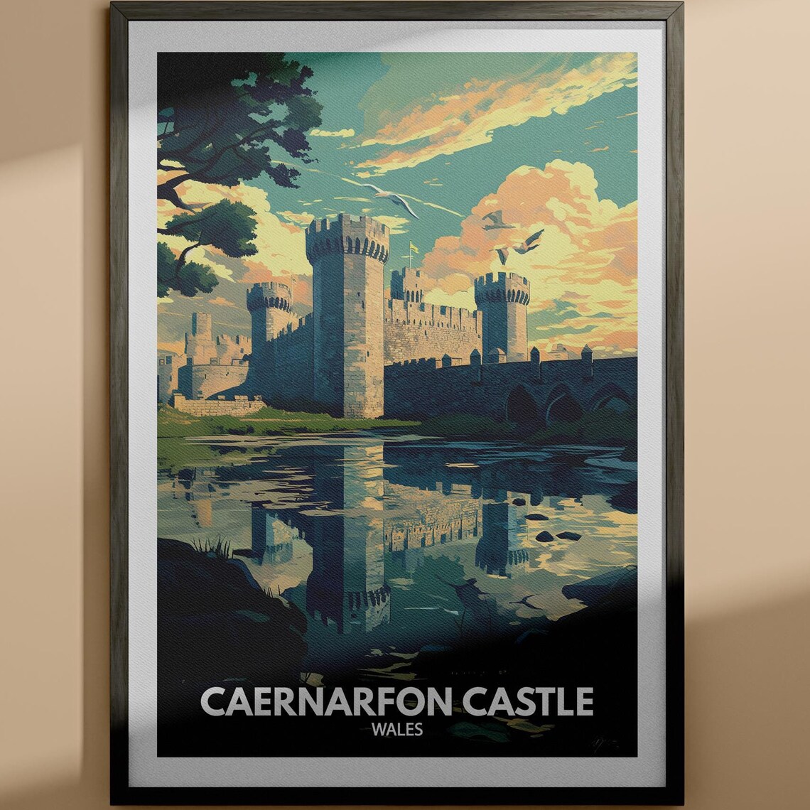 Caernarfon Castle Wales Vintage Style Castle Sunset Travel Poster
