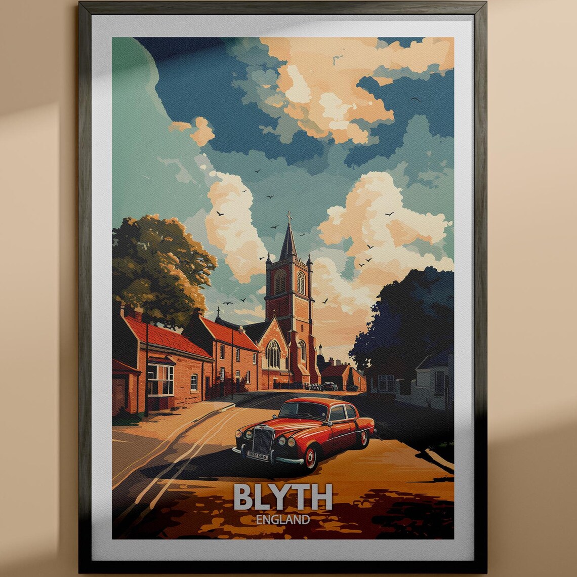 Blyth England Classic Car Church Street Retro Vintage Travel Poster