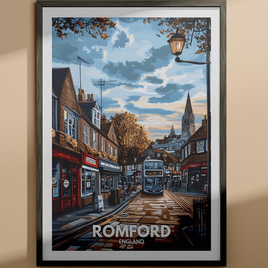 Romford England Dusk Street Bus Church Spire City Travel Poster