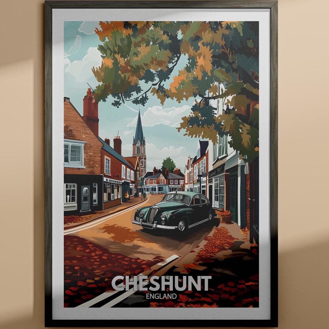 Cheshunt England Illustrated Town Travel Poster Autumn Street Scene