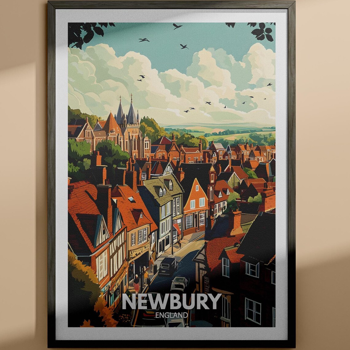 Newbury England Rooftops Church Spires Panorama Vintage Travel Poster